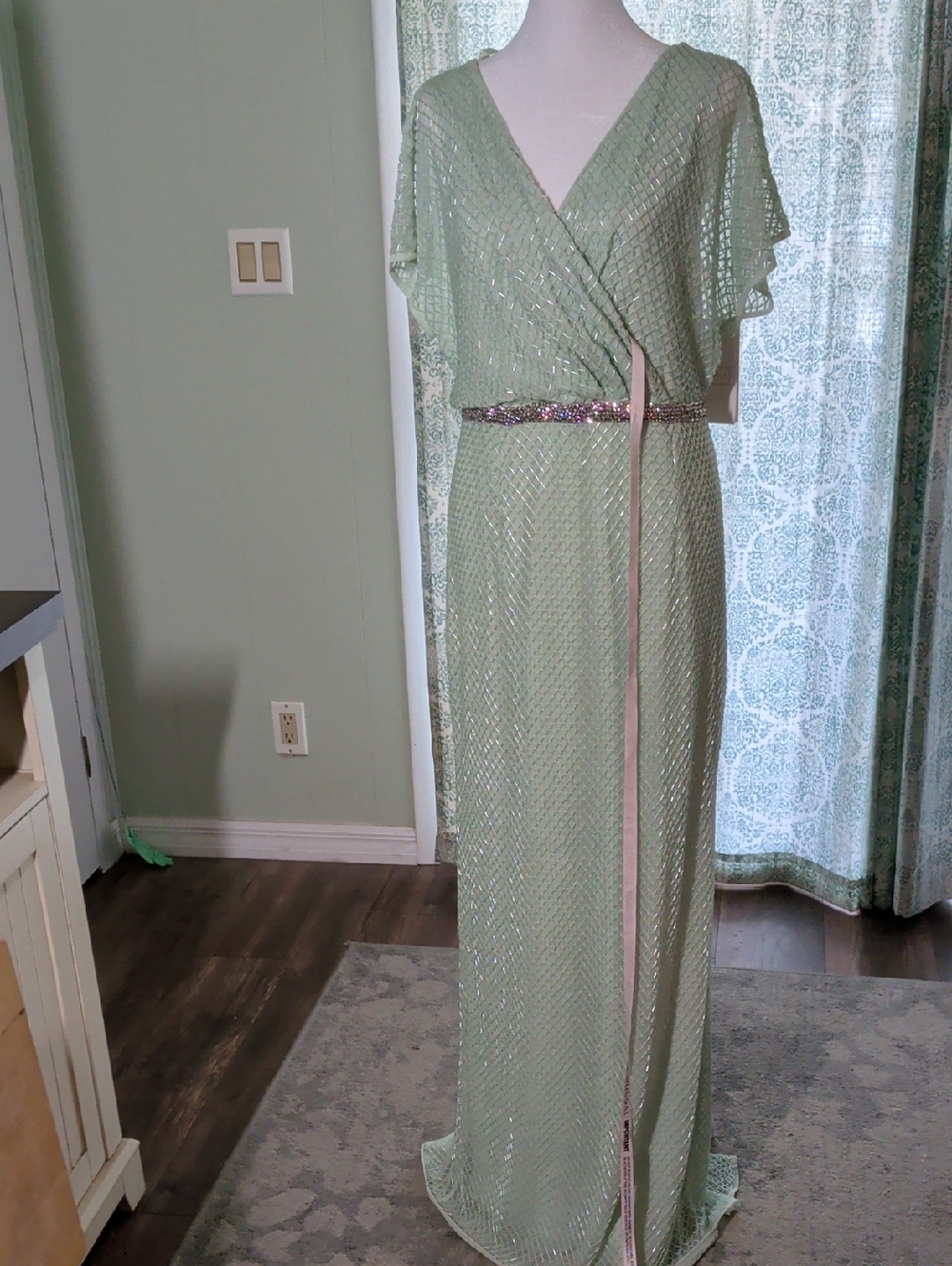 Mac Duggal Sage Green Beaded Maxi Dress
